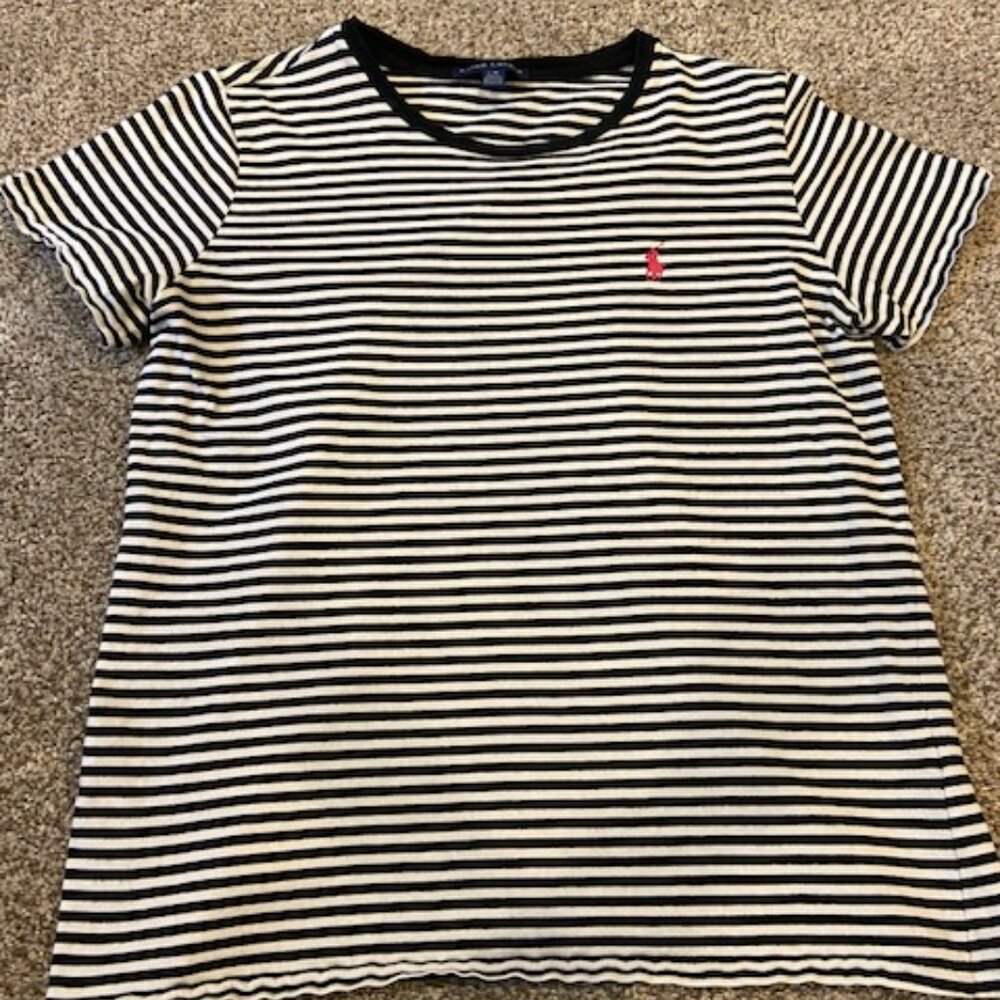 Ralph Lauren Women's Black and White Striped Short Sleeve T-Shirt, Size Large
